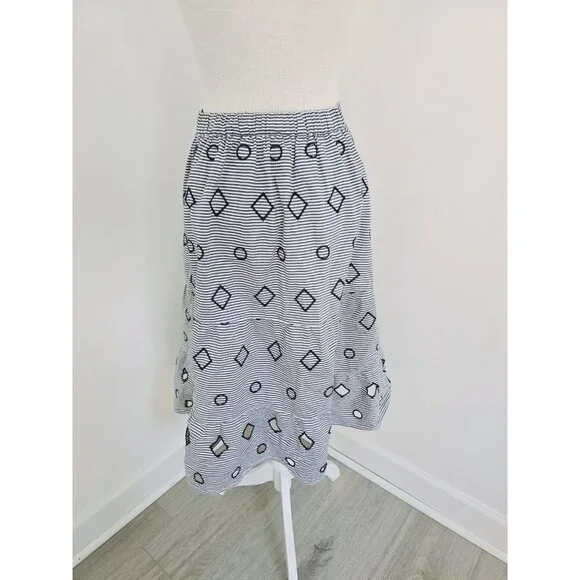 Madewell Embroidered Stripe Midi Navy White 100% Cotton Geometric Full Skirt XS - Picture 9 of 11